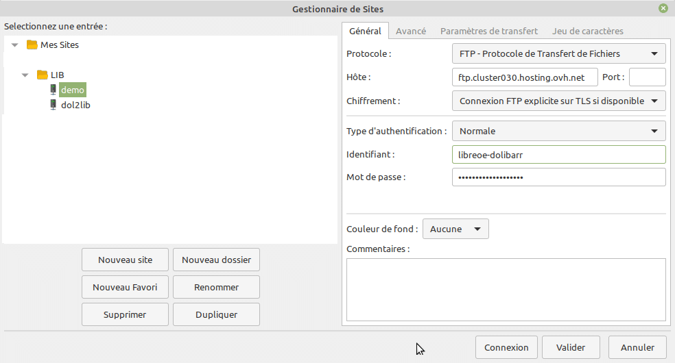 Connexion avec Filezilla